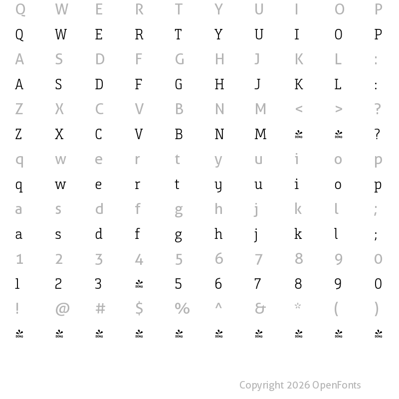 Character Map of FONTSPRING DEMO - BundaySlab-SemiLight Regular