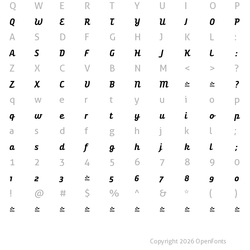 Character Map of FONTSPRING DEMO - Bunita Swash Bold Regular Italic