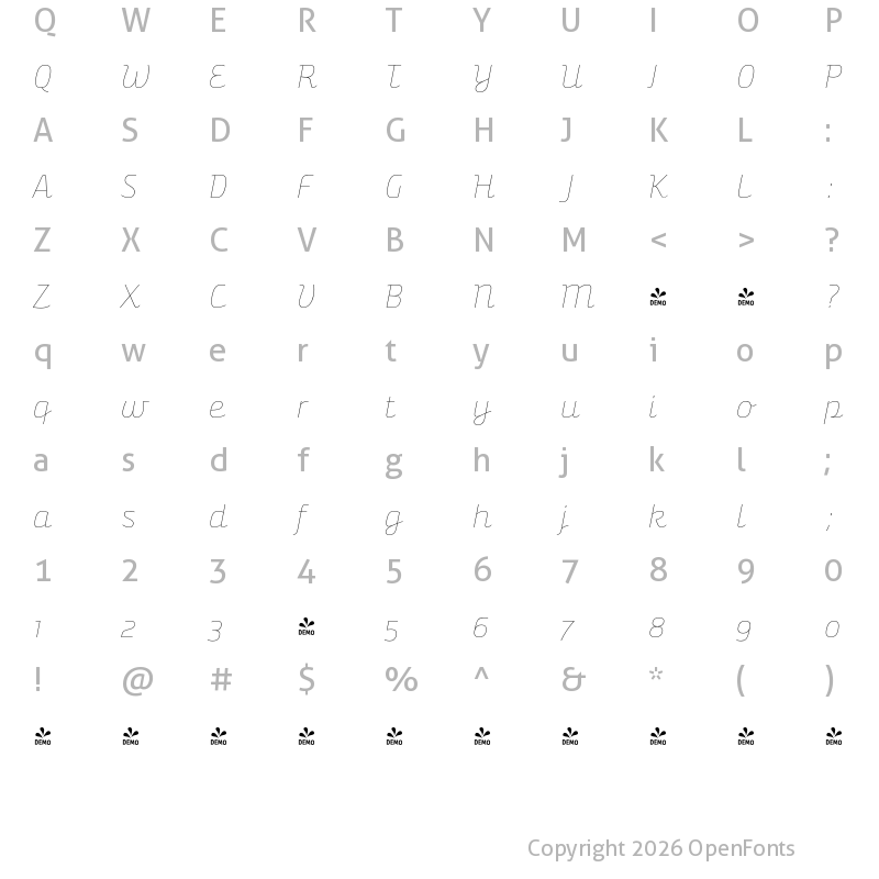 Character Map of FONTSPRING DEMO - Bunita Swash Expert Hair Regular Italic
