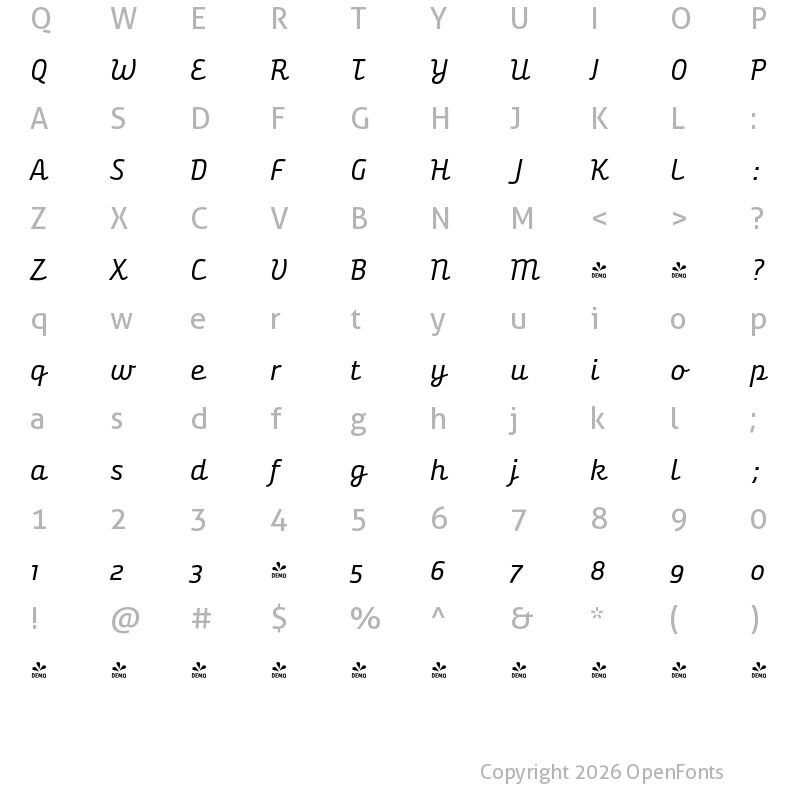 Character Map of FONTSPRING DEMO - Bunita Swash Expert Regular Regular Italic