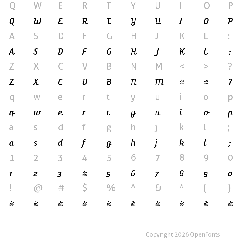 Character Map of FONTSPRING DEMO - Bunita Swash Expert SemiBold Regular Italic