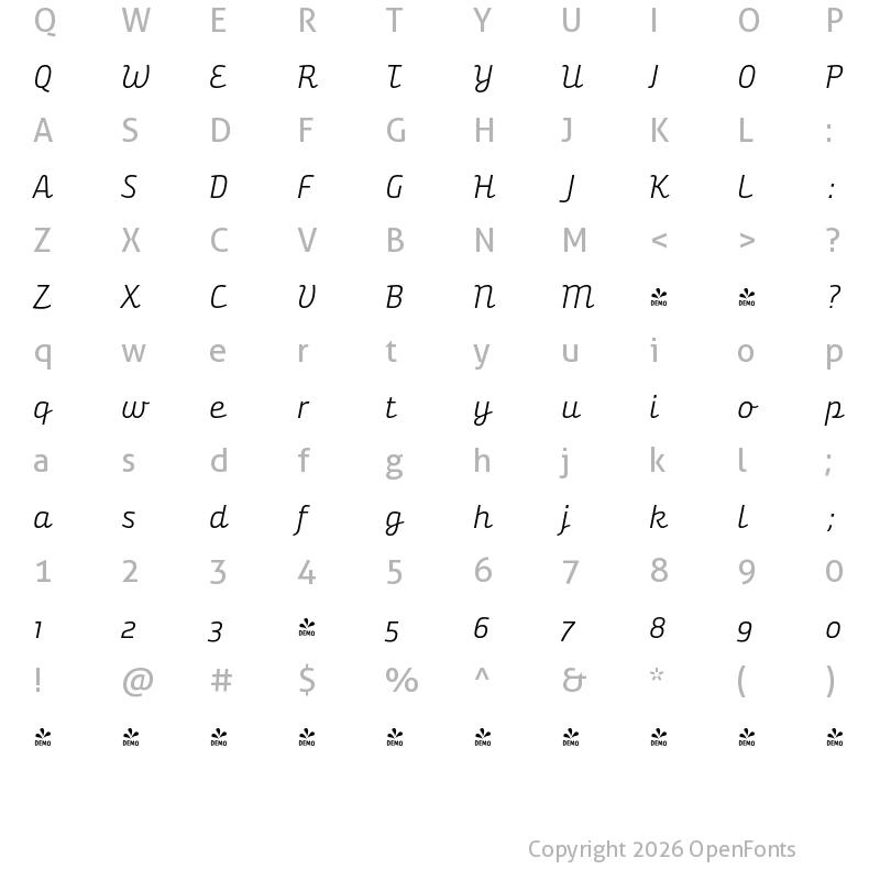 Character Map of FONTSPRING DEMO - Bunita Swash Expert SemiLight Regular Italic