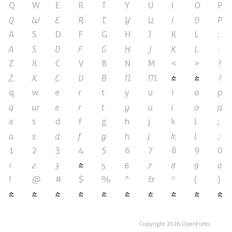 Character Map of FONTSPRING DEMO - Bunita Swash Thin Regular Italic