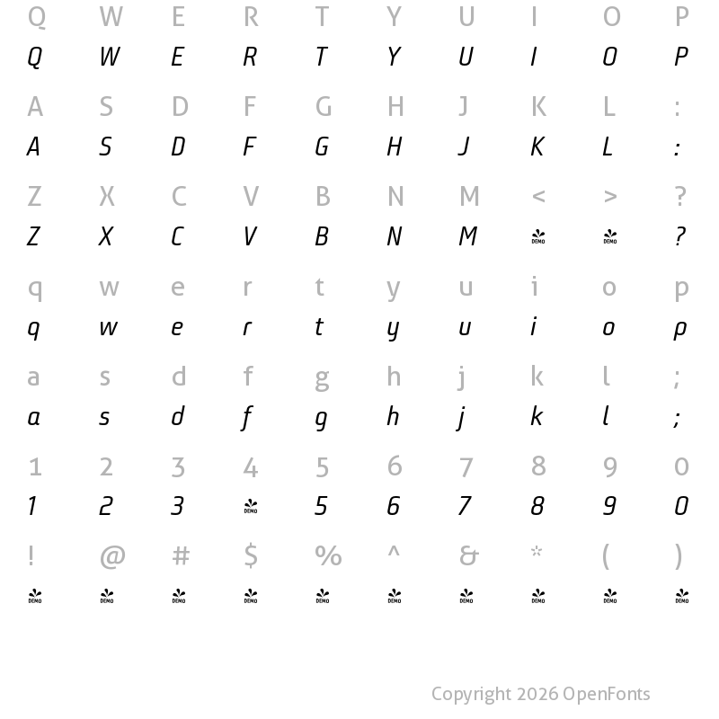 Character Map of FONTSPRING DEMO - Bunuelo Clean Pro Regular Regular Italic