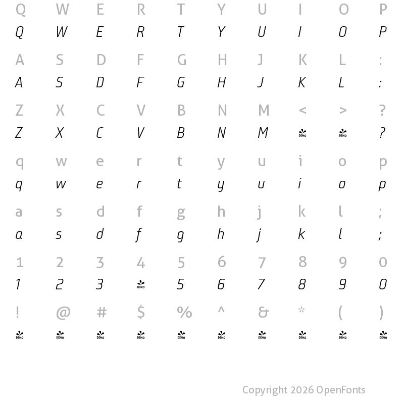 Character Map of FONTSPRING DEMO - Bunuelo Clean Pro SemiLight Regular Italic