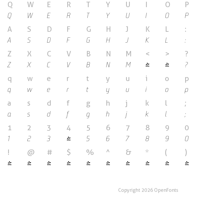 Character Map of FONTSPRING DEMO - Bunuelo Clean Pro Thin Regular Italic