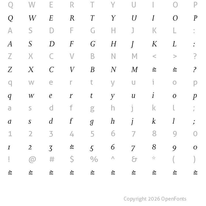 Character Map of FONTSPRING DEMO - Bunyan Pro Italic