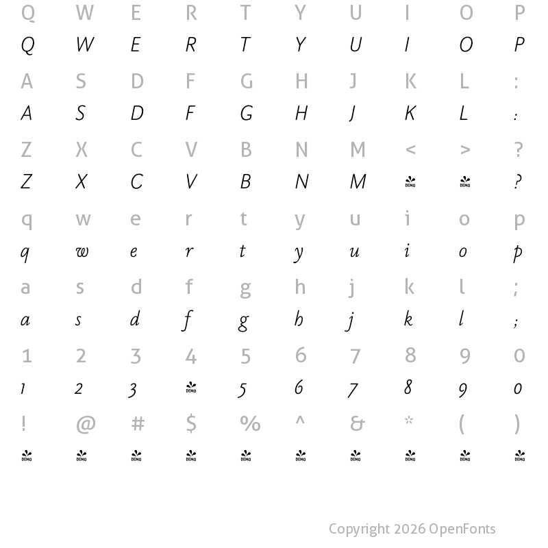 Character Map of FONTSPRING DEMO - Byronic Light Italic
