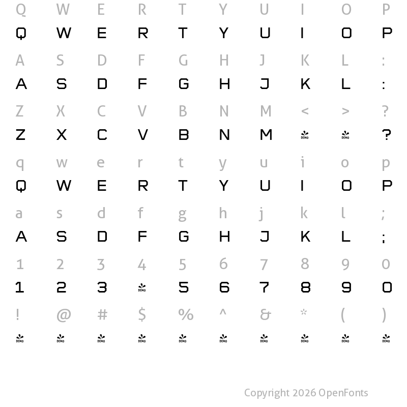 Character Map of FONTSPRING DEMO - CA Mechano Wide Regular