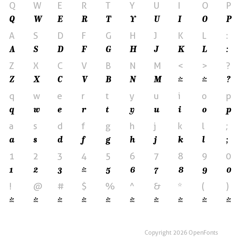 Character Map of FONTSPRING DEMO - CA Normal Serif ExtraBold Italic