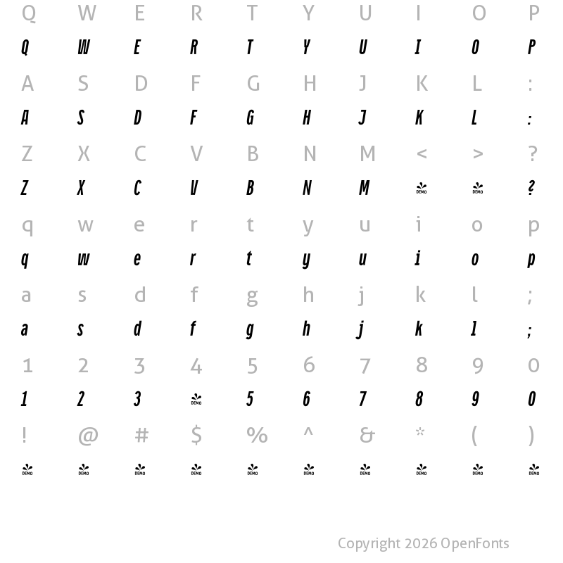 Character Map of FONTSPRING DEMO - CA Oskar Compressed Bold Italic
