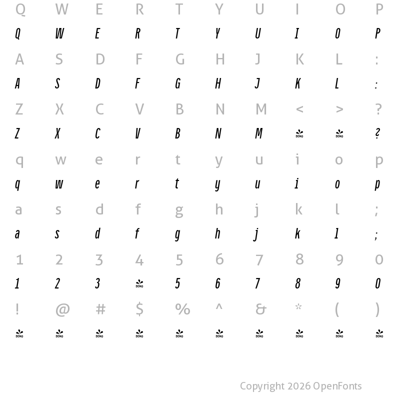 Character Map of FONTSPRING DEMO - CA Oskar Compressed Italic
