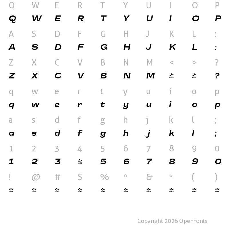 Character Map of FONTSPRING DEMO - CA Slalom Extended Bold Italic