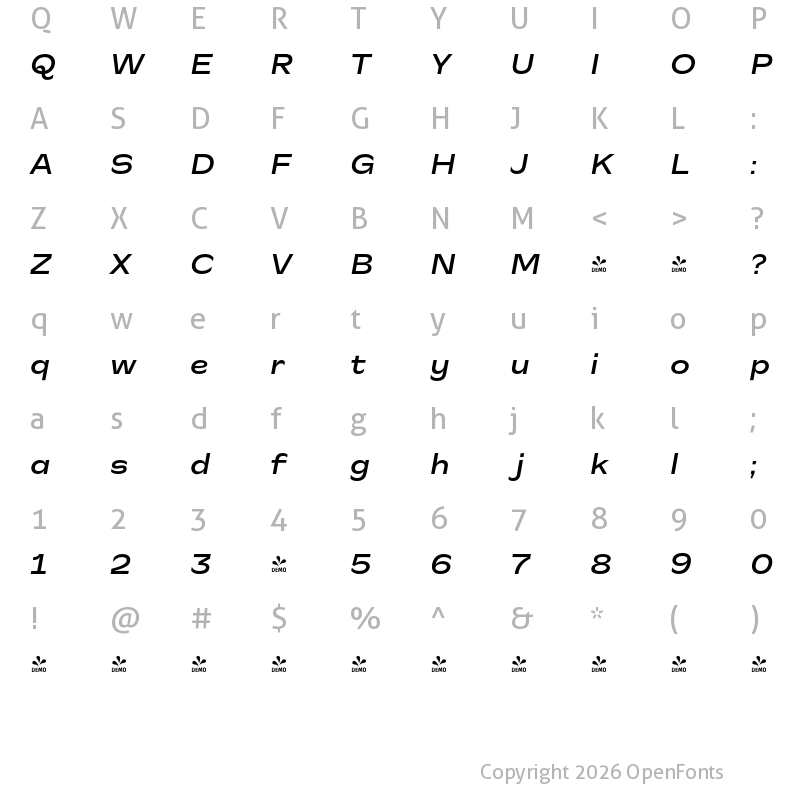 Character Map of FONTSPRING DEMO - CA Slalom Extended Medium Italic