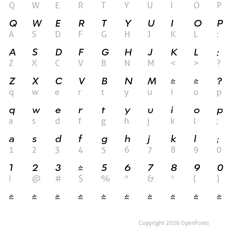Character Map of FONTSPRING DEMO - CA Superpilot Sans Medium Italic