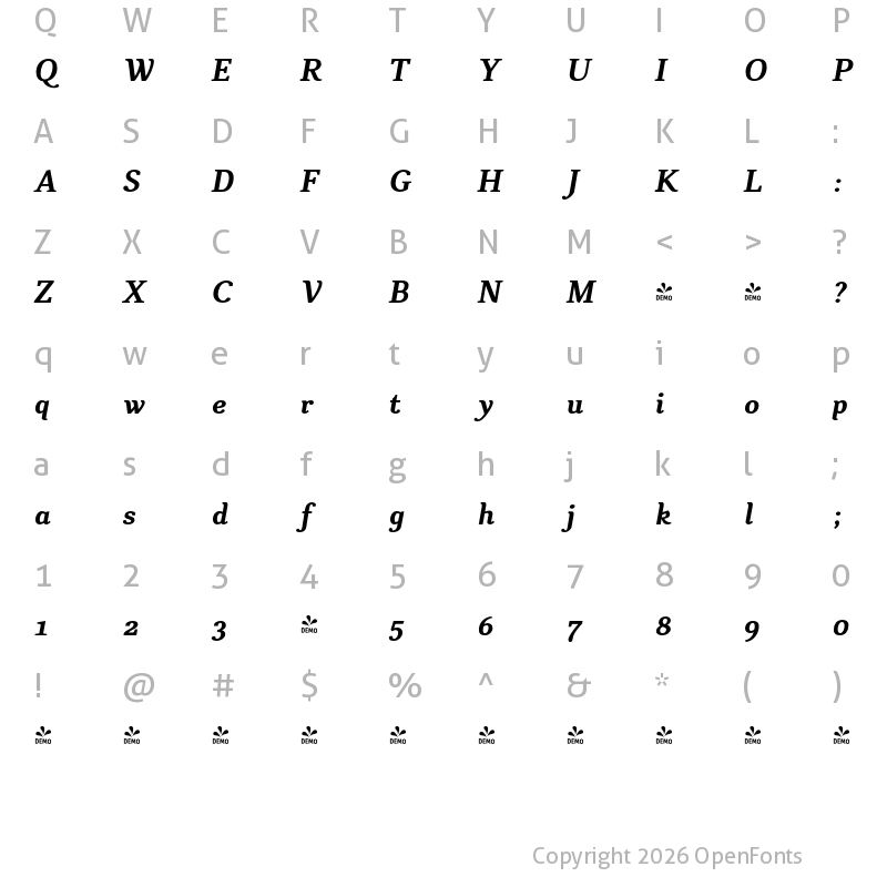Character Map of FONTSPRING DEMO - CA Texteron Rg Bold Italic