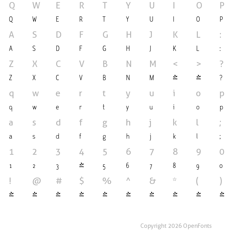 Character Map of FONTSPRING DEMO - CA ZaracusaNarrowAltLight Rg Regular