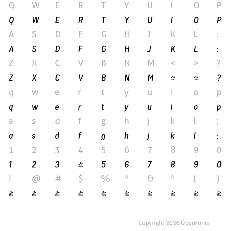 Character Map of FONTSPRING DEMO - CA Zentrum Condensed Medium Italic