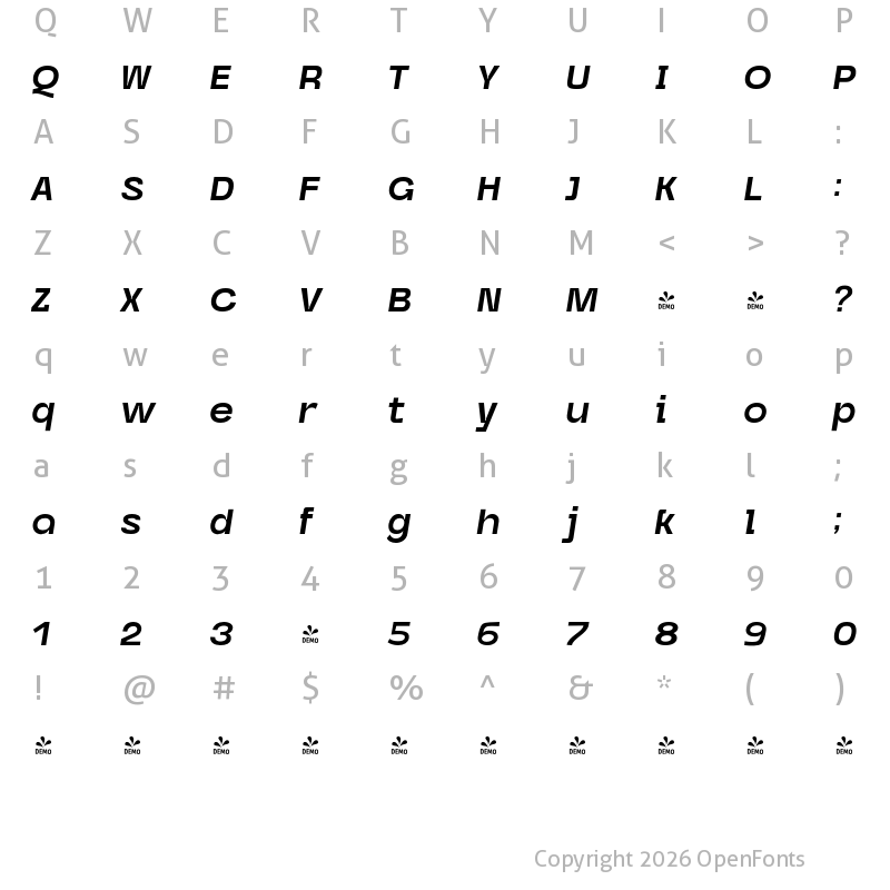 Character Map of FONTSPRING DEMO - Caleb Grotesk Bold Italic