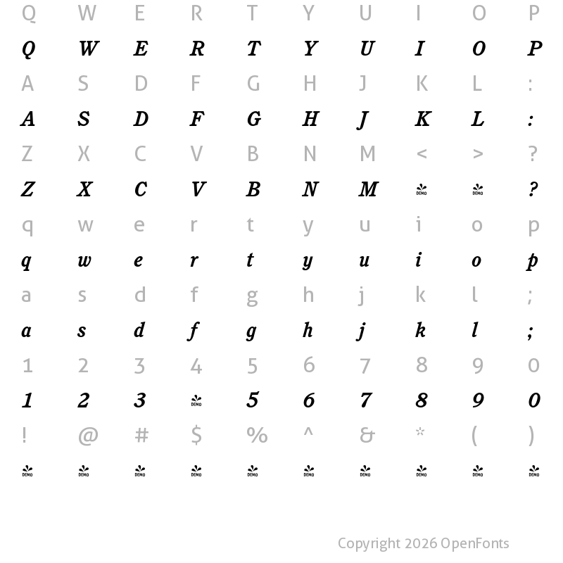 Character Map of FONTSPRING DEMO - Calgary Pro Bold Italic