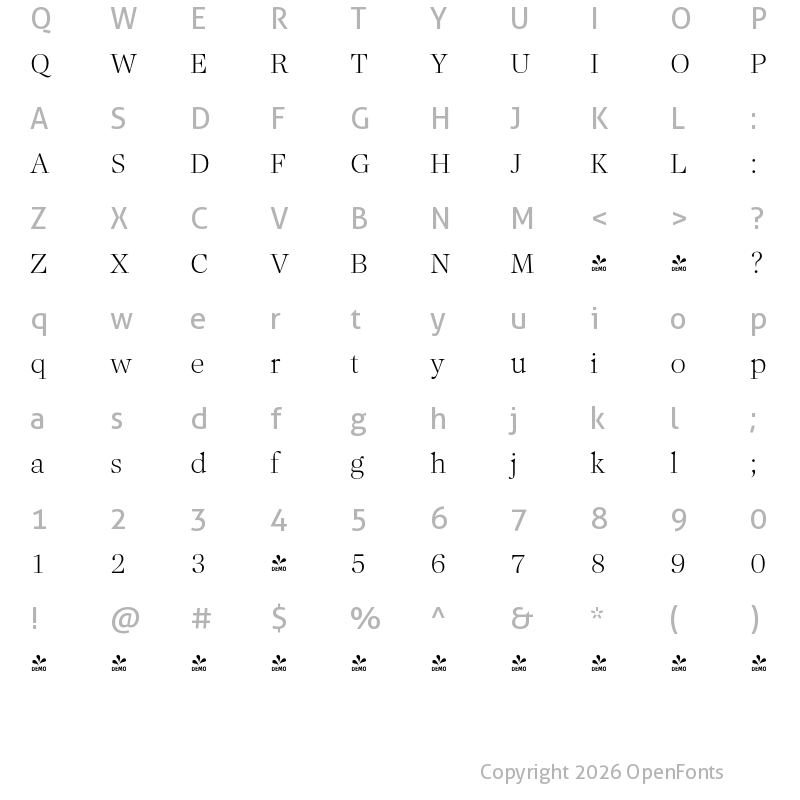 Character Map of FONTSPRING DEMO - Callas Extralight Regular