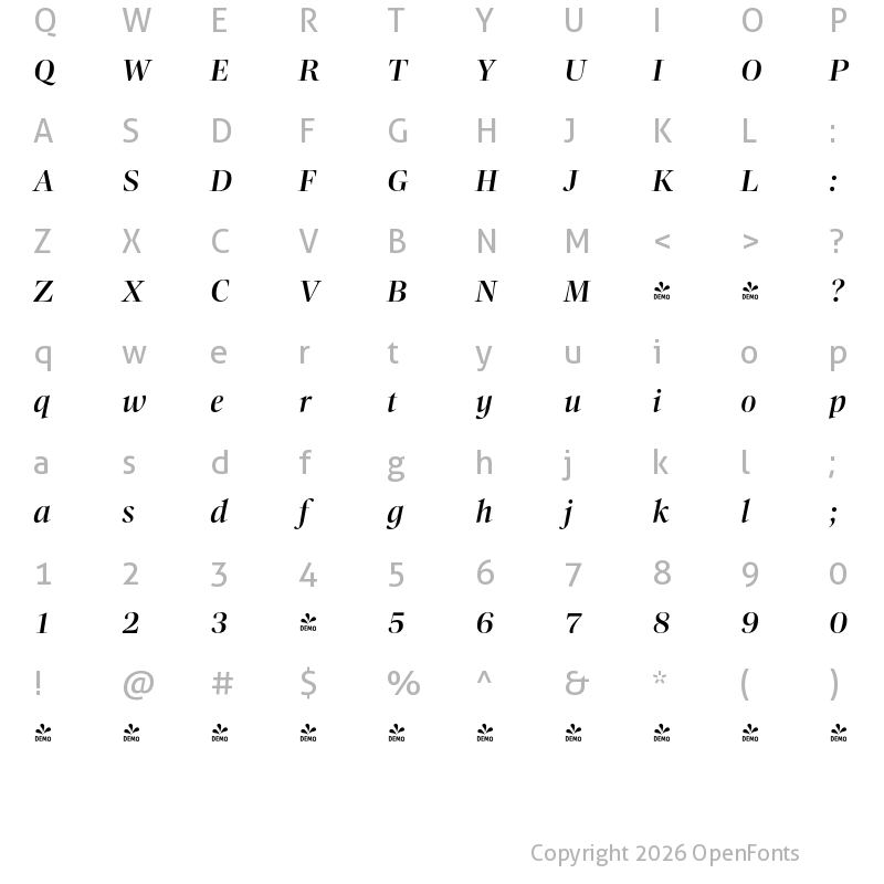 Character Map of FONTSPRING DEMO - Callas Medium Italic