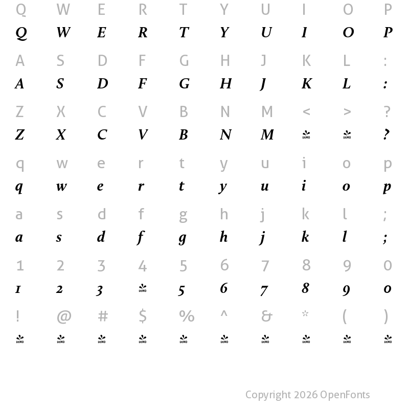 Character Map of FONTSPRING DEMO - Calluna Bold Italic