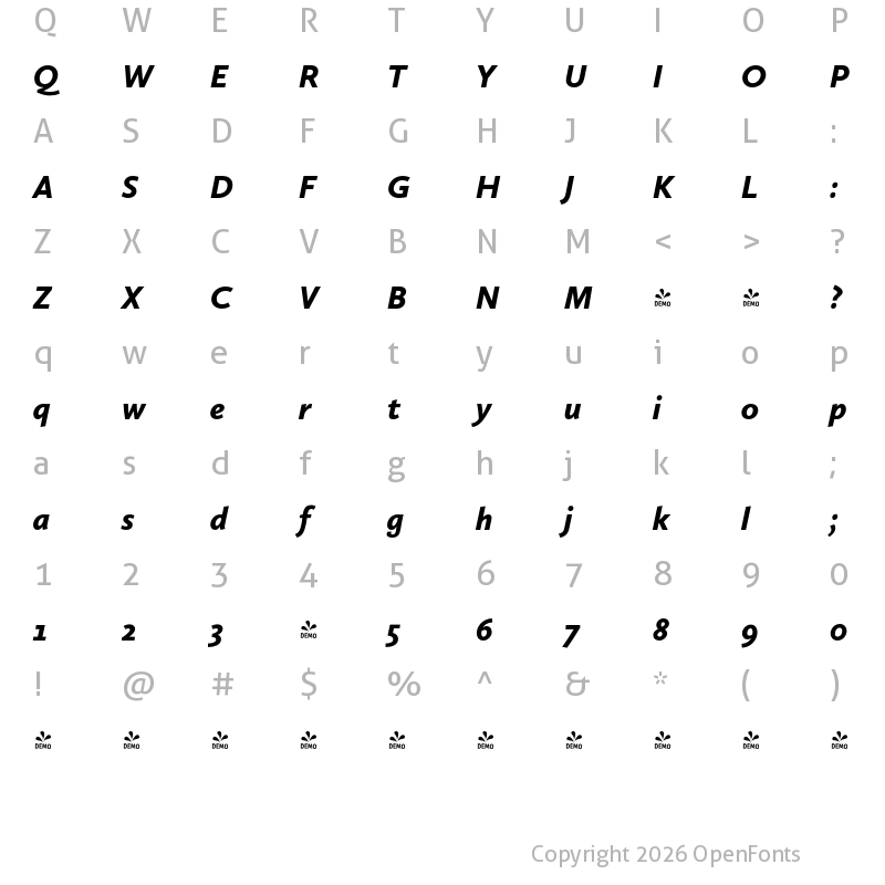 Character Map of FONTSPRING DEMO - Calluna Sans Black Italic
