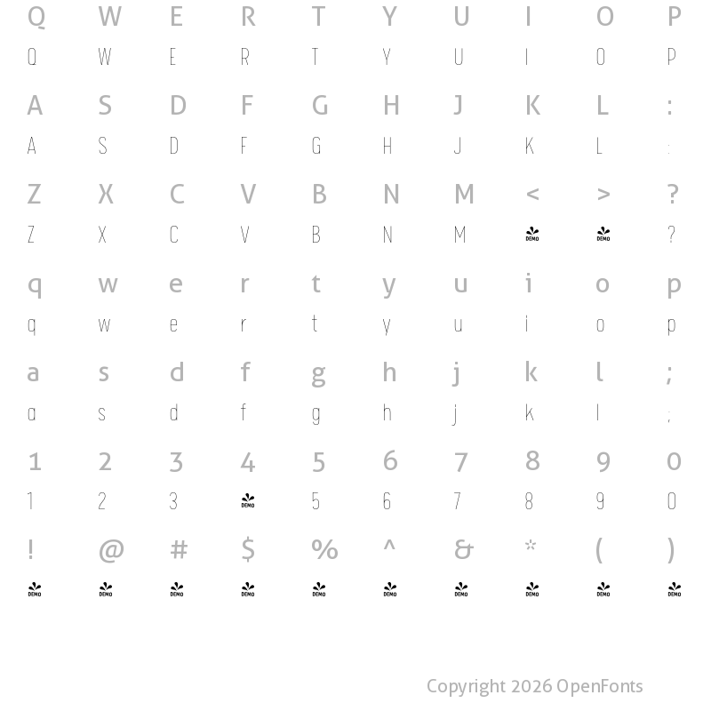Character Map of FONTSPRING DEMO - Calps Sans Slim Thin Regular