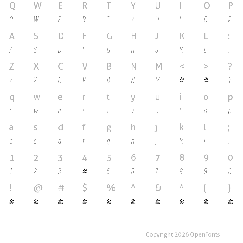 Character Map of FONTSPRING DEMO - Calps Slim Thin Italic