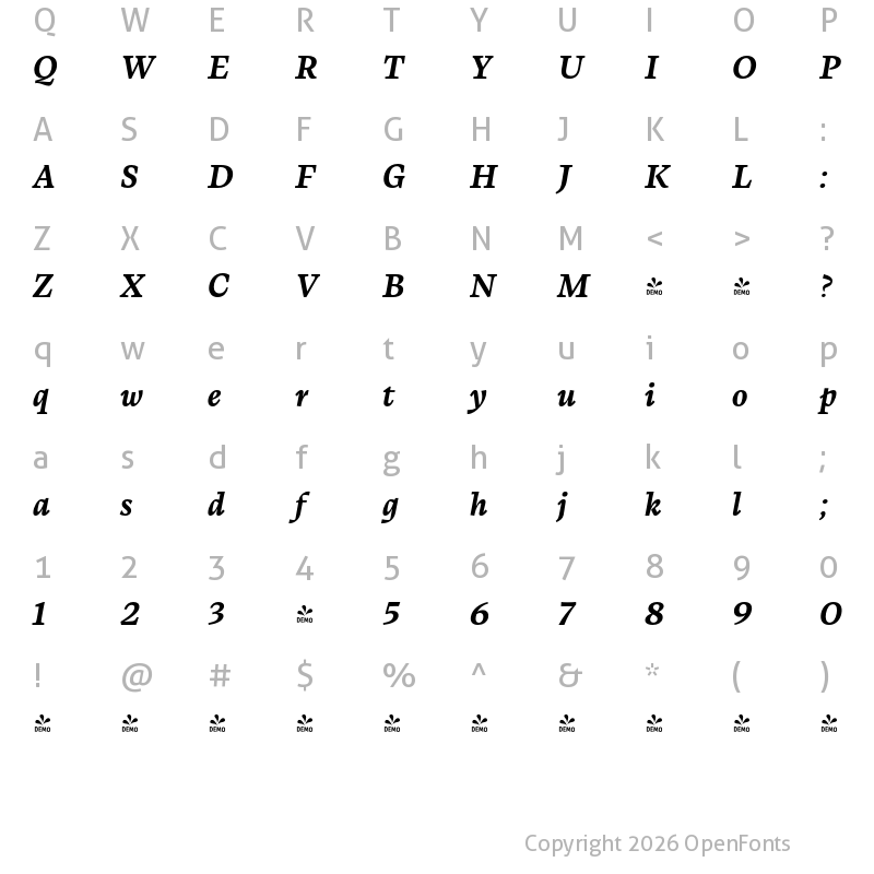 Character Map of FONTSPRING DEMO - Calvino Bold Italic