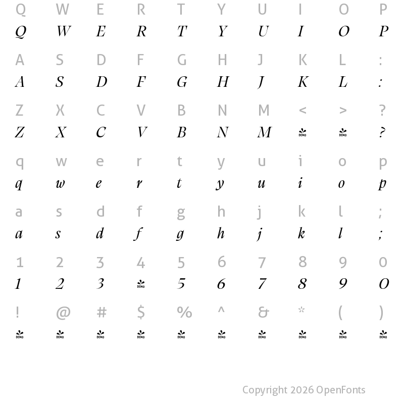 Character Map of FONTSPRING DEMO - Calvino Grande Italic
