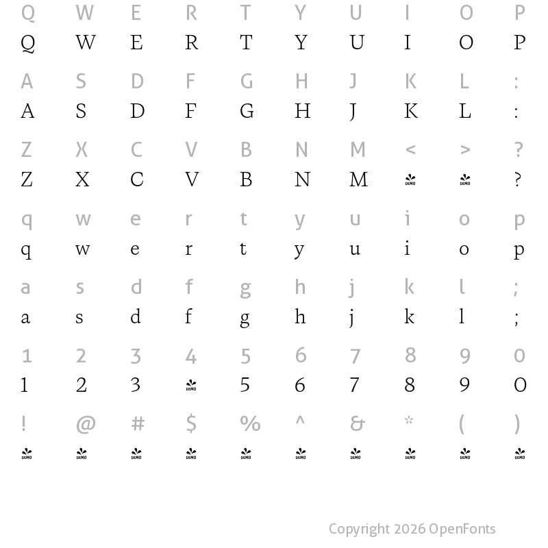 Character Map of FONTSPRING DEMO - Calvino Light Regular