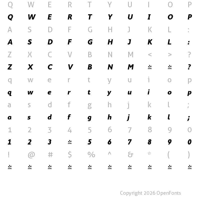 Character Map of FONTSPRING DEMO - Cambridge Round Bold Italic