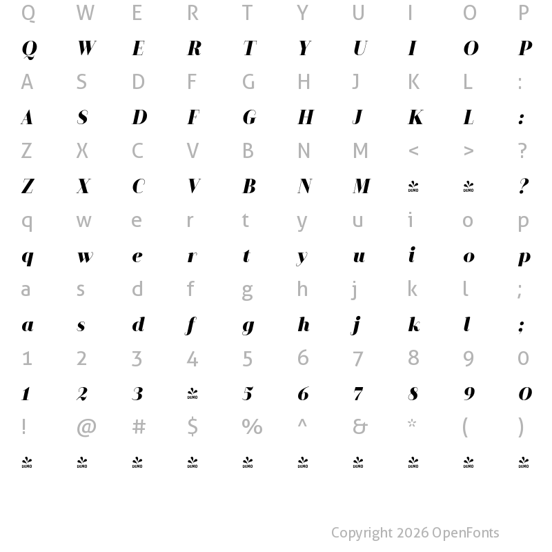 Character Map of FONTSPRING DEMO - Camila Black It Regular