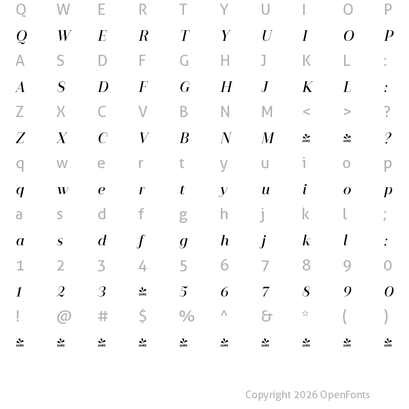 Character Map of FONTSPRING DEMO - Camila Semibold It Regular