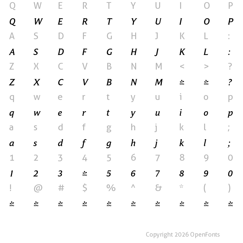 Character Map of FONTSPRING DEMO - Campan Medium Italic