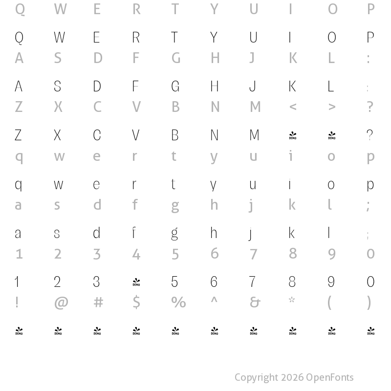 Character Map of FONTSPRING DEMO - Campeche Display ExLight Cond Regular