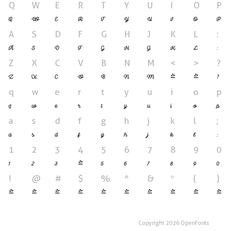 Character Map of FONTSPRING DEMO - Camper Script 1 Regular