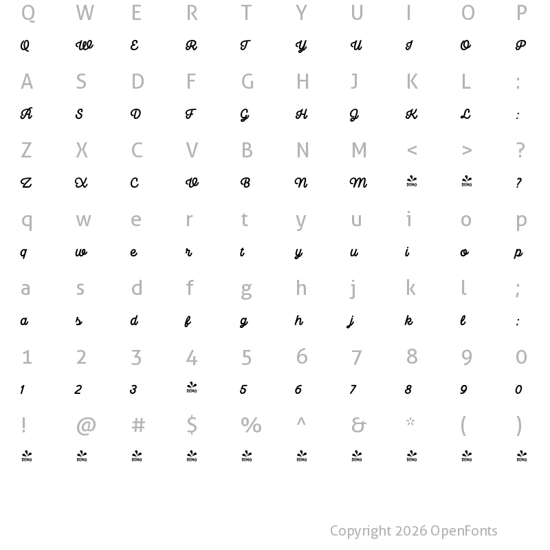 Character Map of FONTSPRING DEMO - Camper Script 3 Regular