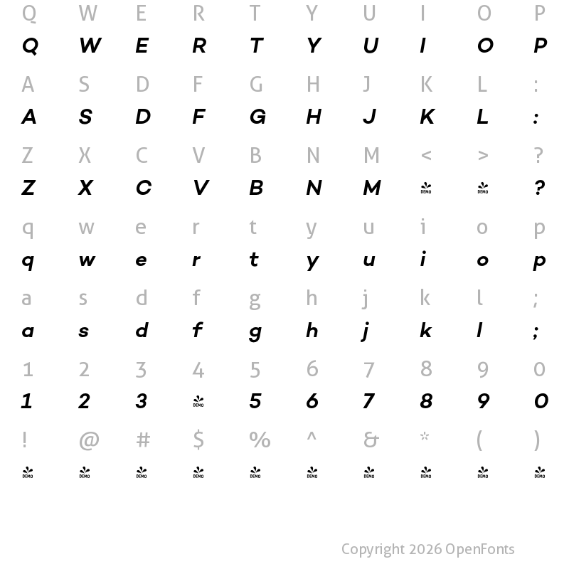 Character Map of FONTSPRING DEMO - Campton SemiBold Italic