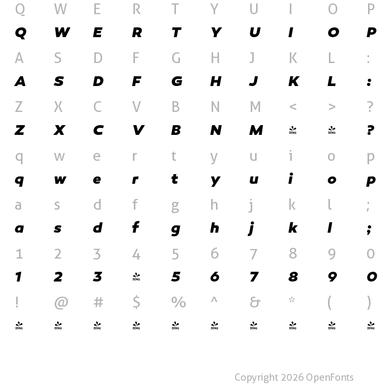 Character Map of FONTSPRING DEMO - Canaro ExtraBold Italic Regular