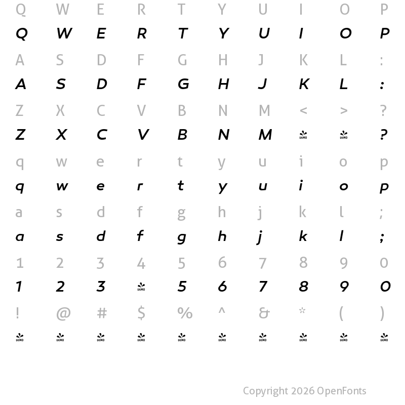Character Map of FONTSPRING DEMO - Canaro Medium Italic Regular