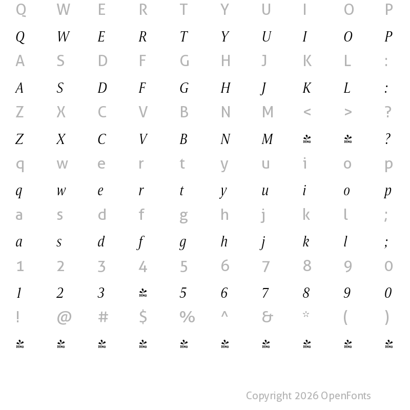 Character Map of FONTSPRING DEMO - Candide Cond Light Italic