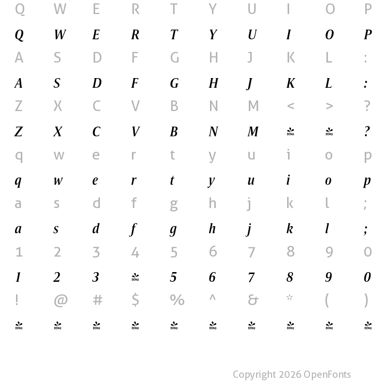 Character Map of FONTSPRING DEMO - Candide Cond Medium Italic