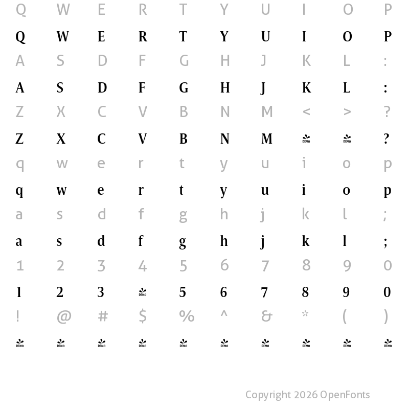 Character Map of FONTSPRING DEMO - Candide Cond Medium Regular