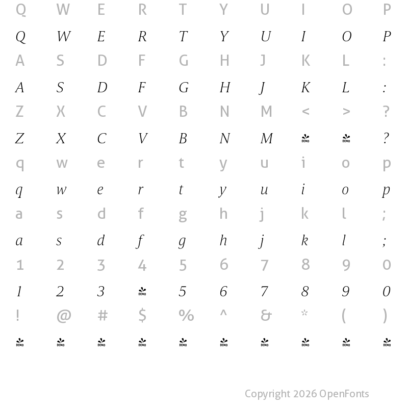 Character Map of FONTSPRING DEMO - Candide ExtraLight Italic