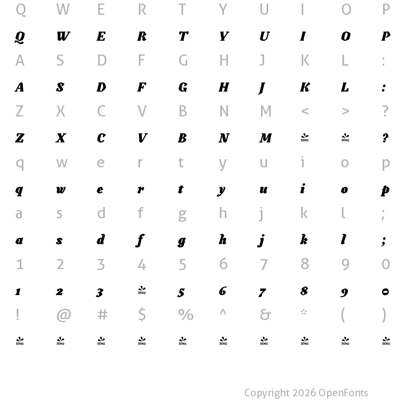 Character Map of FONTSPRING DEMO - Canilari STD Bold Bold Italic