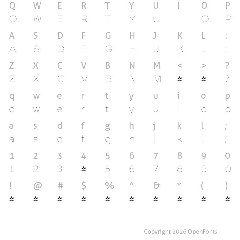 Character Map of FONTSPRING DEMO - Cannon thin Regular