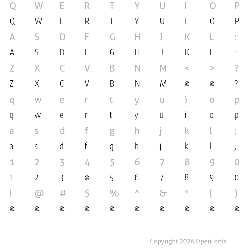 Character Map of FONTSPRING DEMO - Cantiga ExtraLight Regular